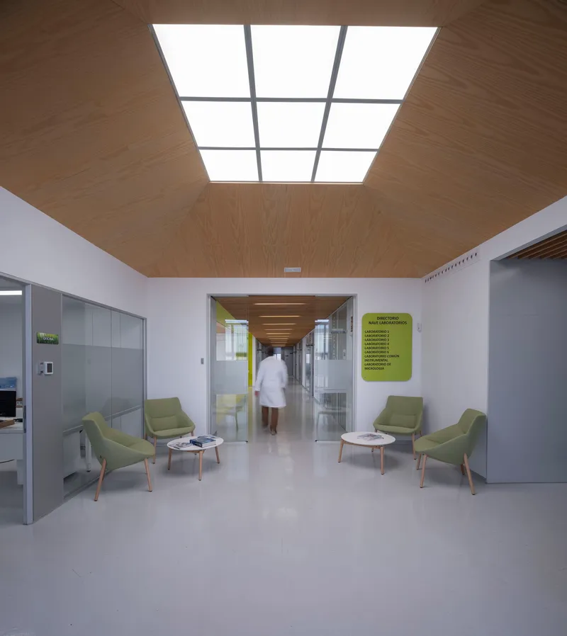 Reception area with timber-clad ceiling skylight, green armchairs and a figure passing through glazed doorway