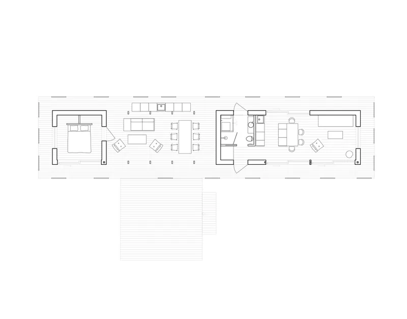 Floor plan drawing showing an elongated layout with bedroom, living and dining spaces with an attached deck