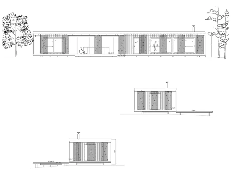 Elevation drawings showing a low-slung pavilion with alternating solid and transparent vertical panels flanked by trees