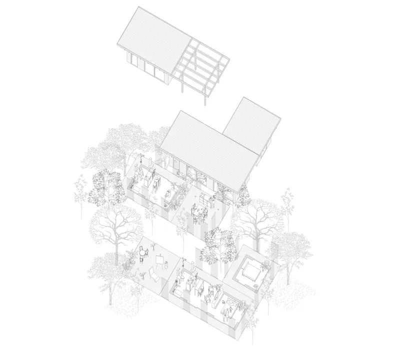 Axonometric drawing revealing sectional interior spaces of the pavilions with furnishings and figures beneath the trees