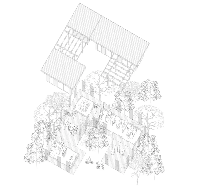 Axonometric drawing showing the pavilions arranged around a central courtyard with trees and roofed corridors