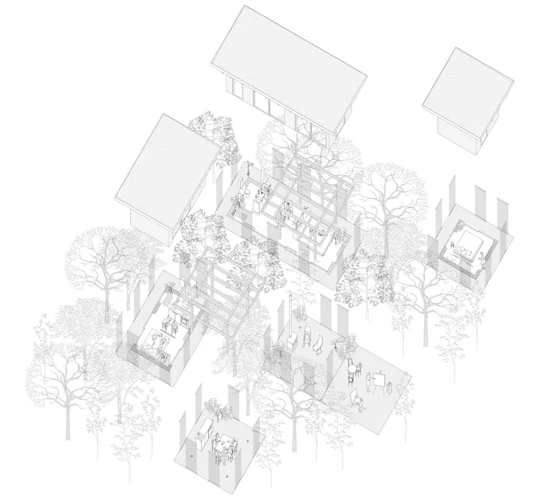 Axonometric drawing showing multiple pavilion volumes with interior spaces and surrounding trees