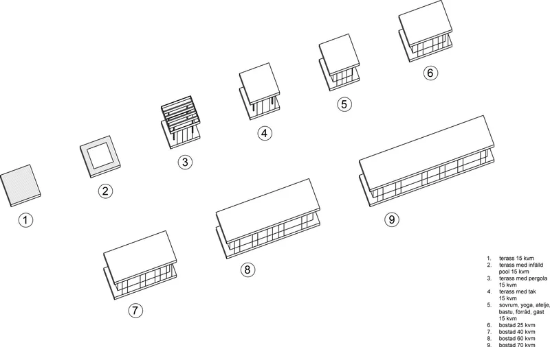 Diagram showing nine numbered building typologies arranged in a scattered site layout