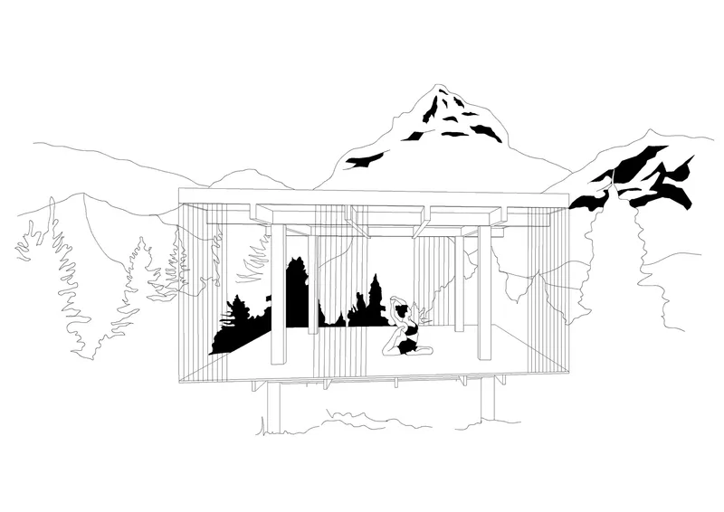 Section drawing of an elevated pavilion on pilotis with mountain peaks in the background