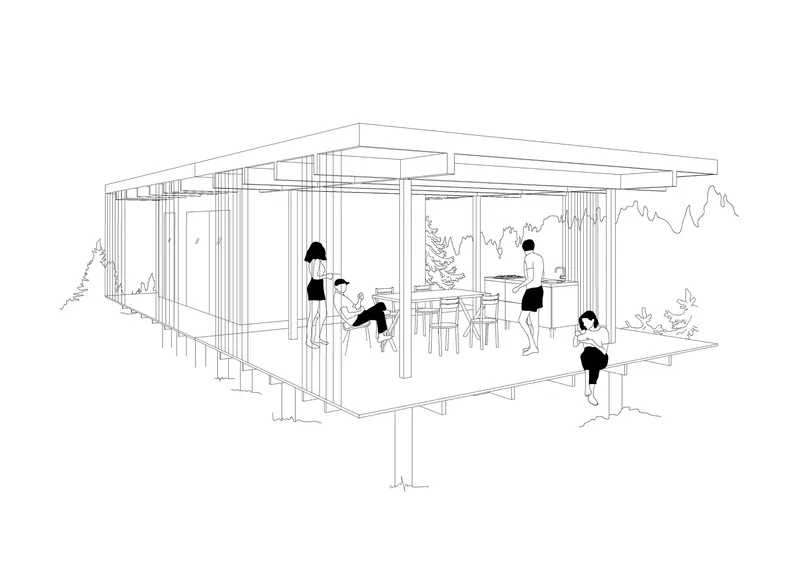 Perspective drawing of a raised glass pavilion with people gathering around a dining table