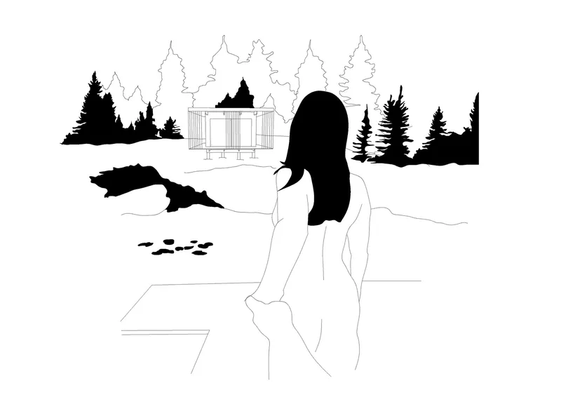 Illustration of a figure looking toward a cabin framed by silhouetted pine trees