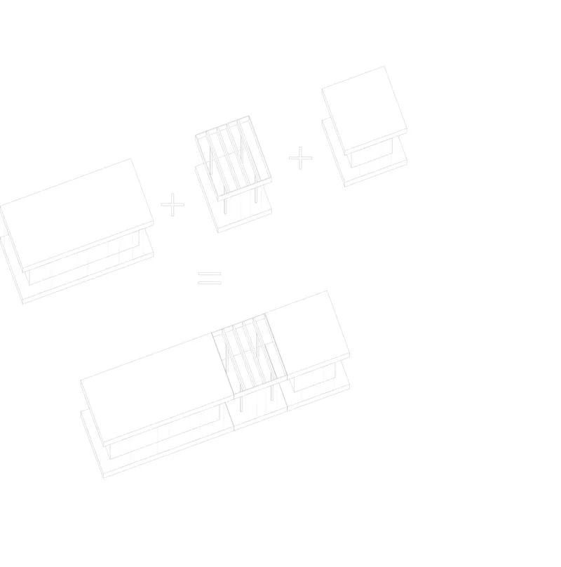 Axonometric line drawing showing four cabin units with vertical slat screens and flat roofs