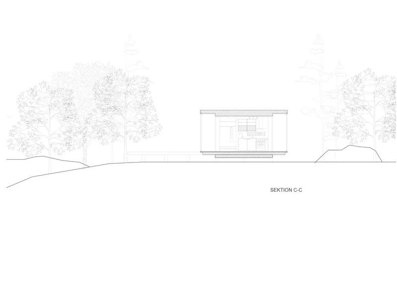 Section drawing depicting a single-story structure with flat roof set into sloping topography with trees