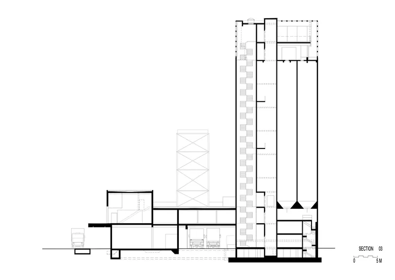 Section drawing revealing interior room divisions within the tower and triangular structural supports at ground level