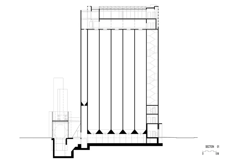Section drawing displaying vertical tower bays with conical bases and a lattice roof element above connected spaces