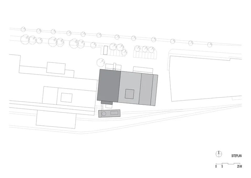 Site plan drawing showing building footprints, tree placements, and surrounding streets in context