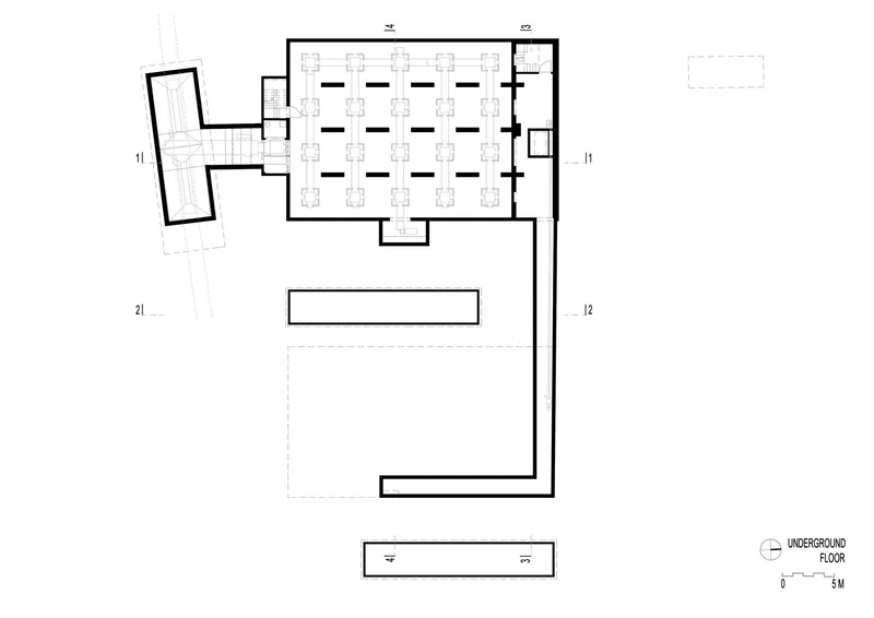 Underground floor plan drawing showing workspace layout, service rooms, and circulation areas