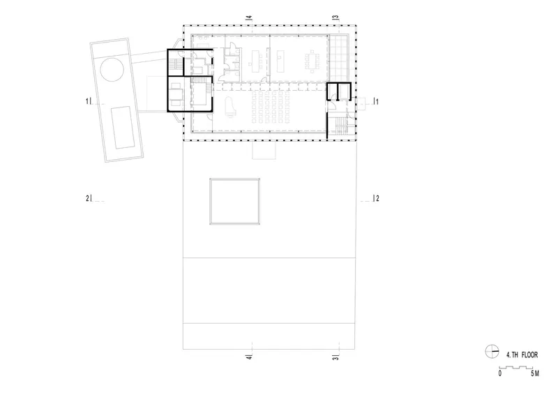 Fourth floor plan drawing showing open interior spaces with furniture layout and an adjacent pool structure