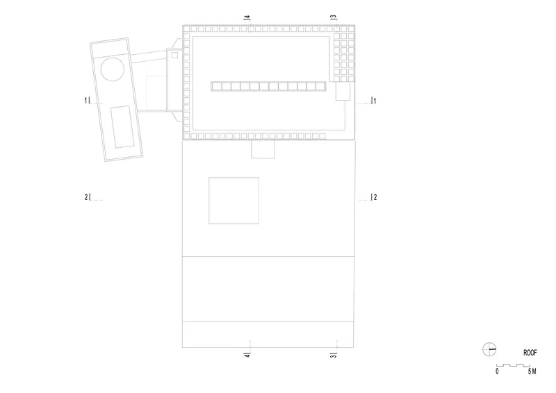 Roof plan drawing illustrating a perimeter grid structure surrounding a central rectangular opening