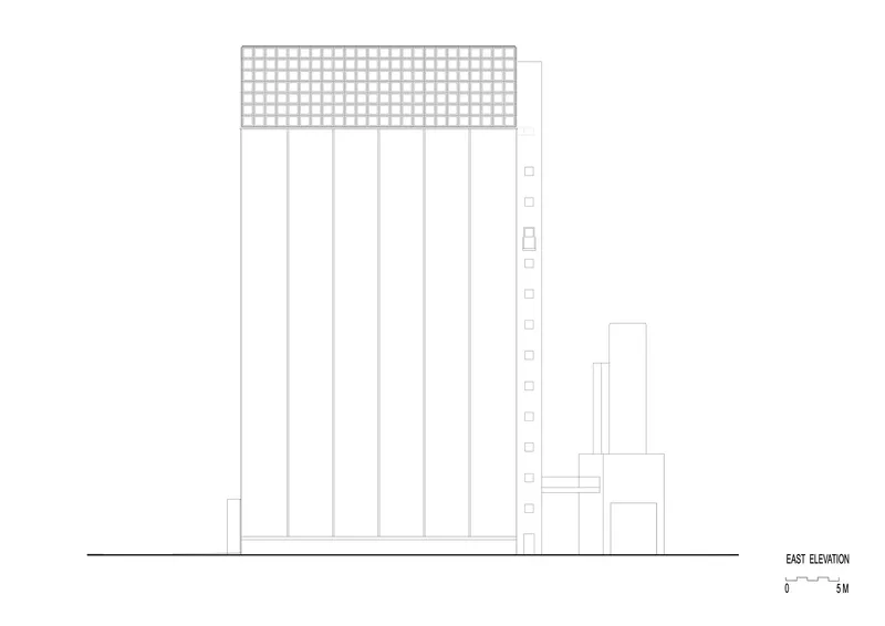 East elevation drawing depicting the tower with gridded top and neighboring structures of varying heights
