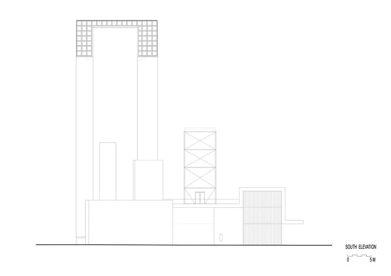 South elevation drawing presenting the tower with portal-like gridded crown and surrounding lower volumes