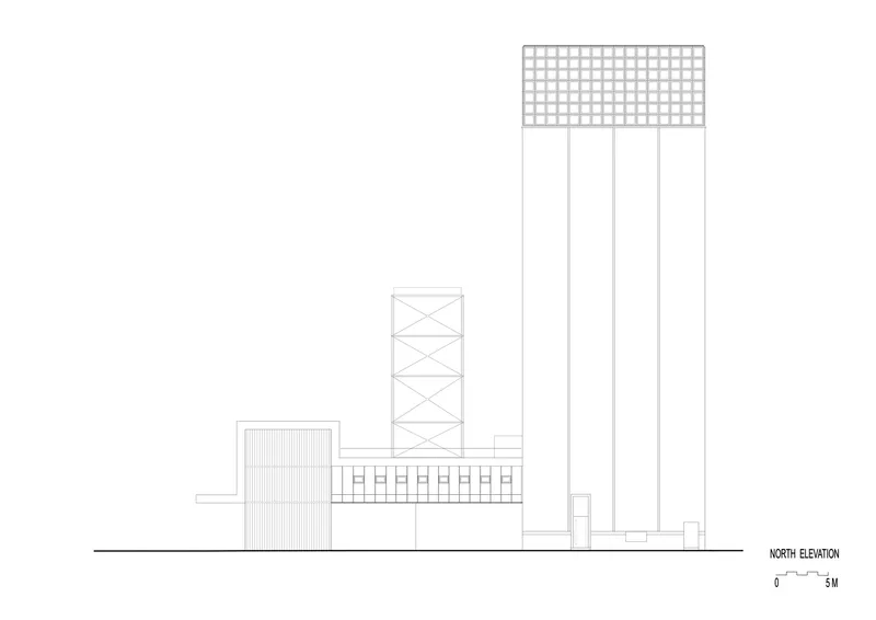 North elevation drawing showing a tall tower with gridded parapet alongside lower structures and a lattice element