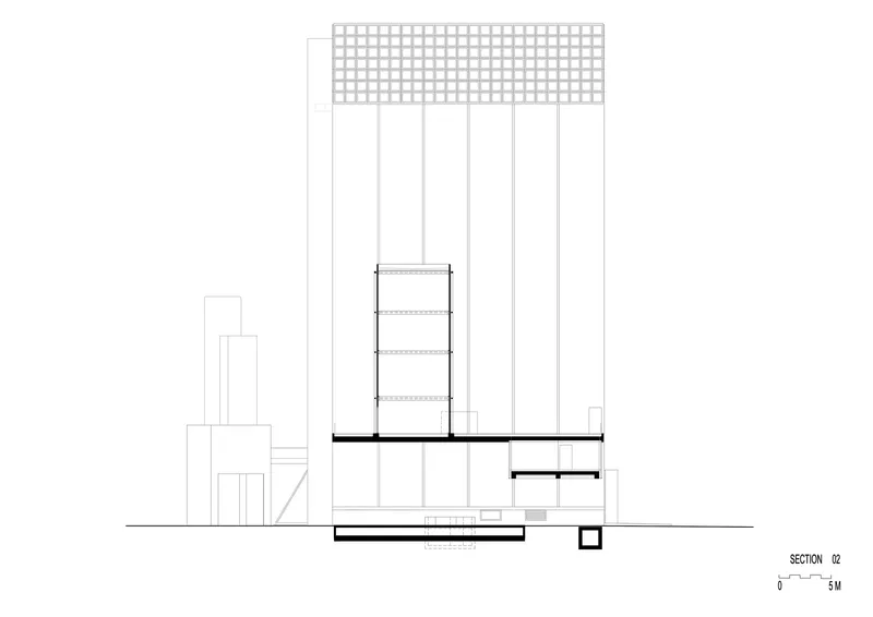 Section drawing depicting interior floors within a tall volume and adjacent low-rise wings with platforms