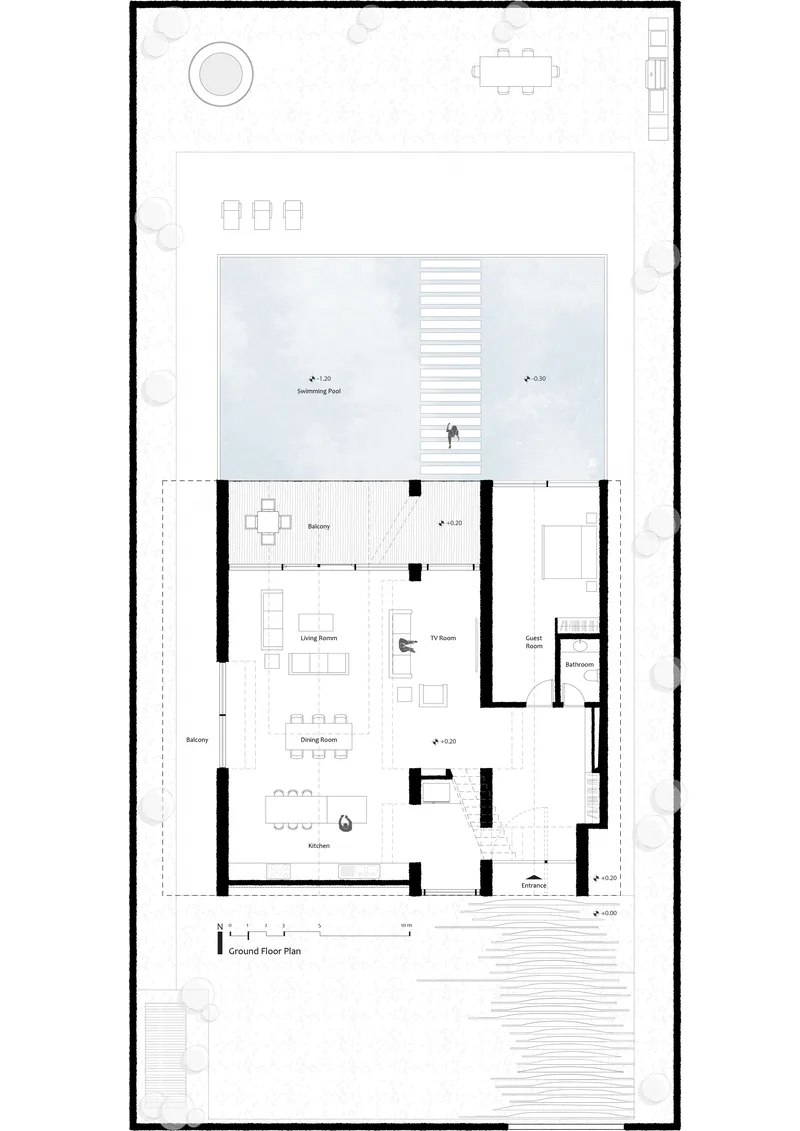 Ground floor plan drawing showing living spaces and a large central courtyard with swimming pool