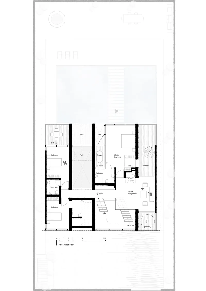 First floor plan drawing showing rooms arranged around a central staircase with planted courtyards