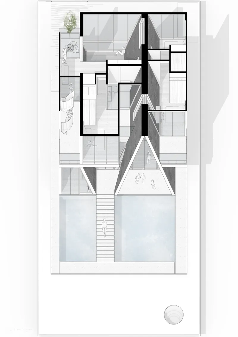 Plan view drawing of sloped roof structure with triangular skylight penetrating multiple levels