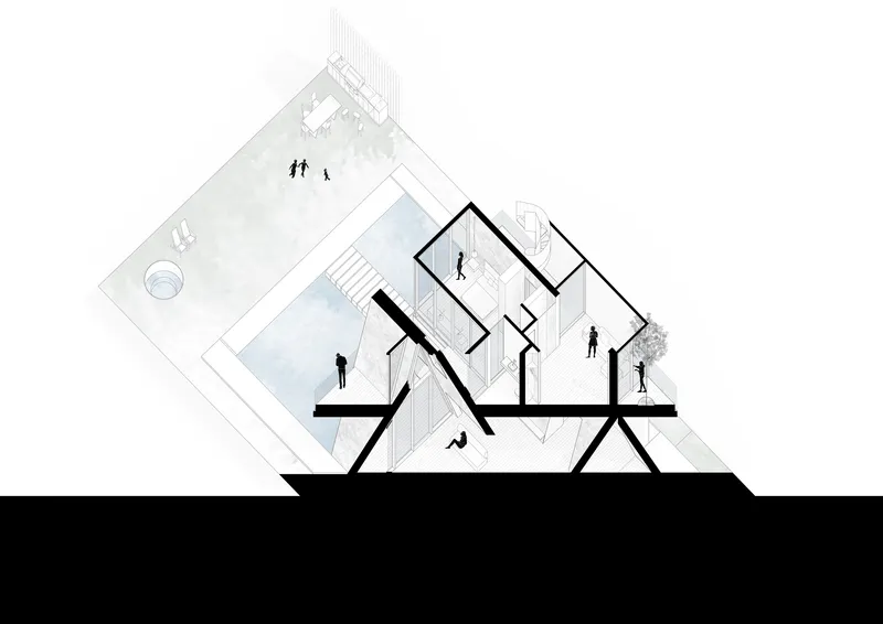 Section drawing showing angled roof beams and figures occupying terraced interior spaces