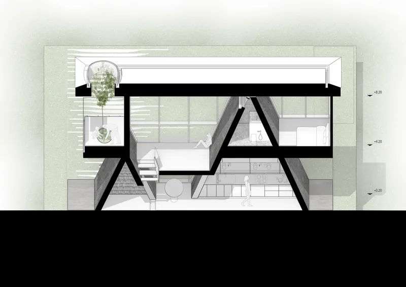 Section drawing showing diagonal structural members framing a double-height space with planted terraces
