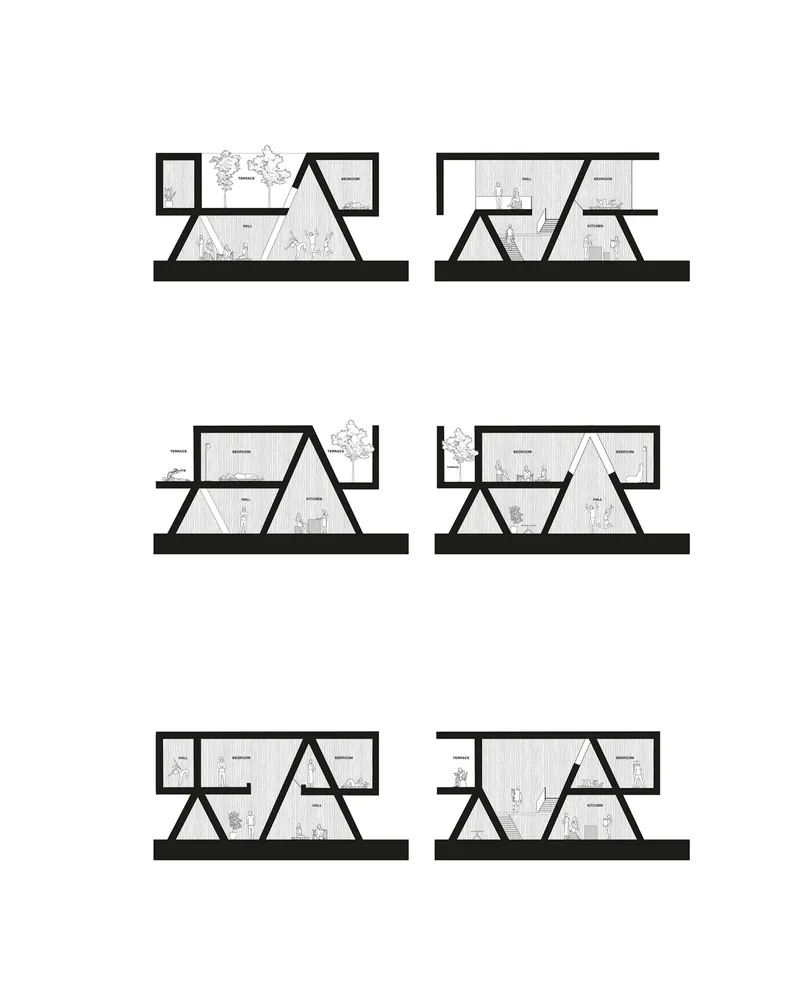Six section drawings showing variations of angled roof structures over interior rooms with trees