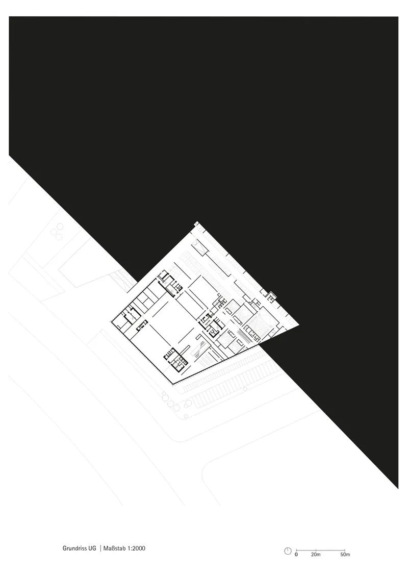 Floor plan drawing showing angular building footprint with interior room divisions on diagonal composition