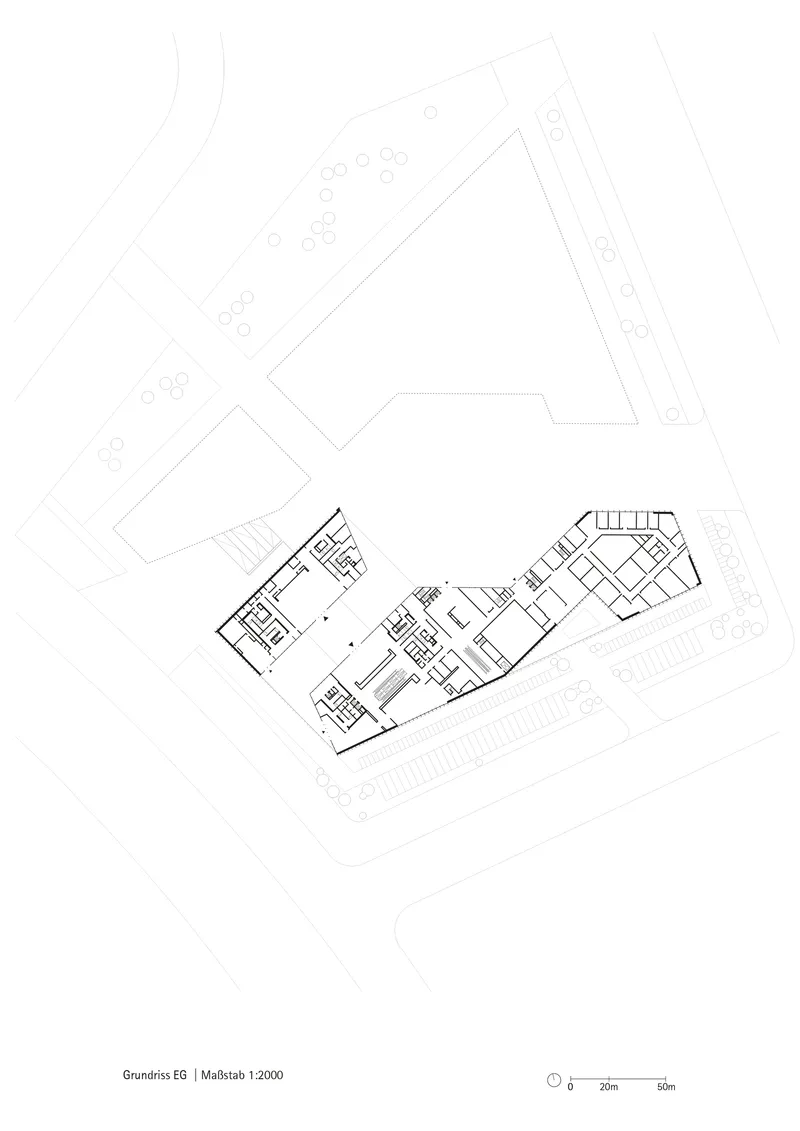 Floor plan drawing showing an angled residential building with multiple units and a landscaped terrace