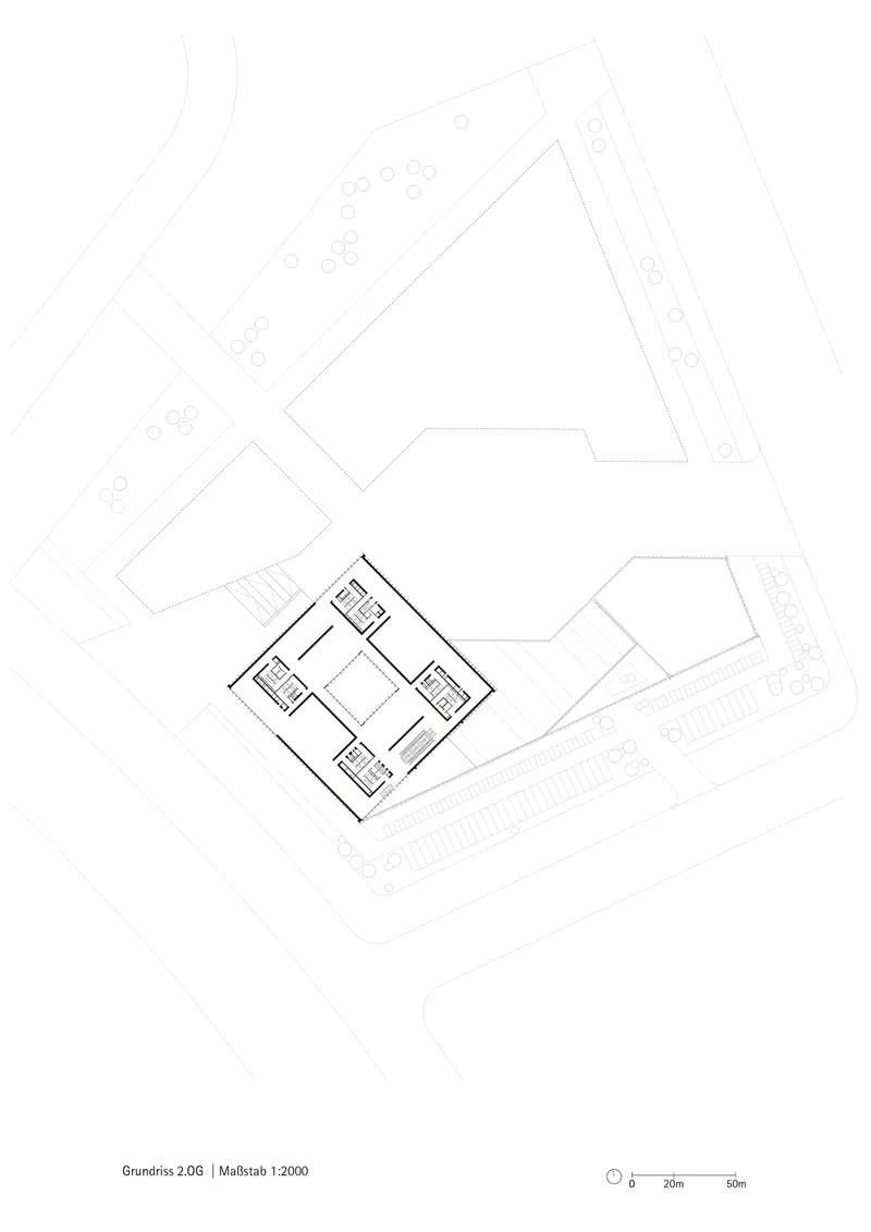 Floor plan drawing showing the upper level of the angled building with unit layouts