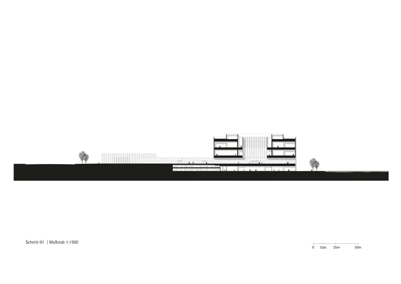 Section drawing showing two elevated building volumes connected by a transparent central element with flanking trees