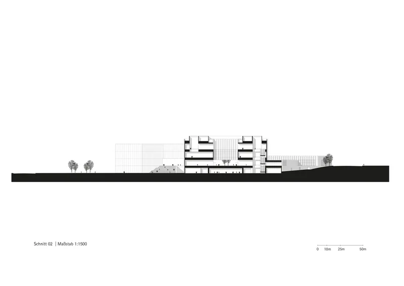 Section drawing showing multiple building volumes with terraced massing and landscape elements