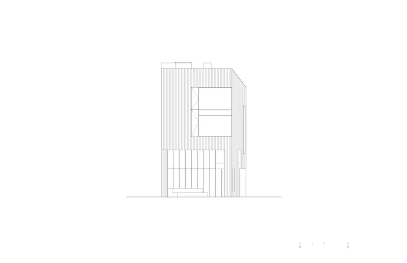 Side elevation drawing showing angled roofline, vertical cladding and stacked window openings