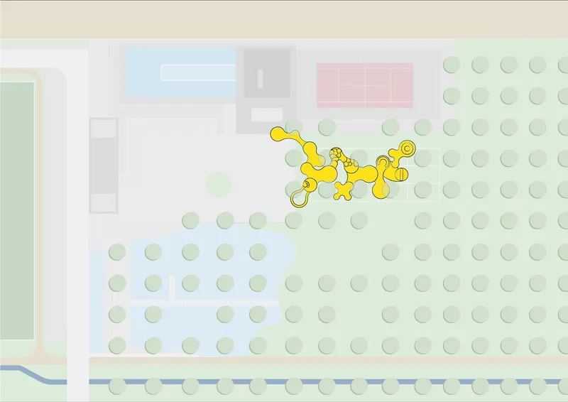 Site plan drawing showing a winding yellow pathway through a grid of circular tree plantings