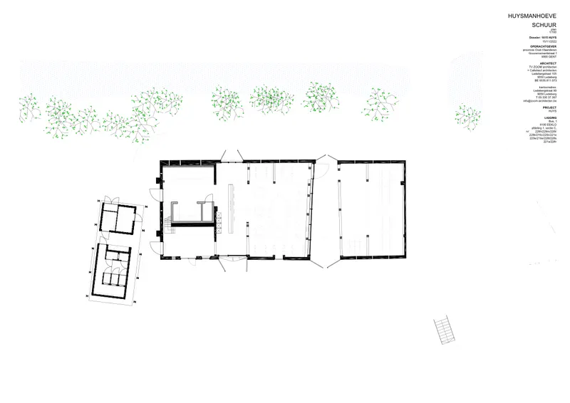 Floor plan drawing showing multiple barn volumes with surrounding tree clusters