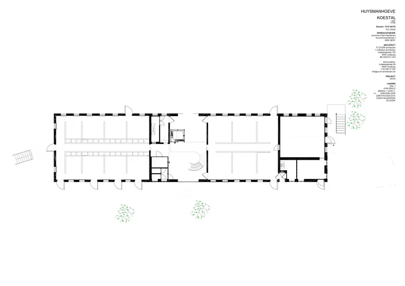 Floor plan drawing showing a long rectangular building with central courtyard and flanking interior spaces