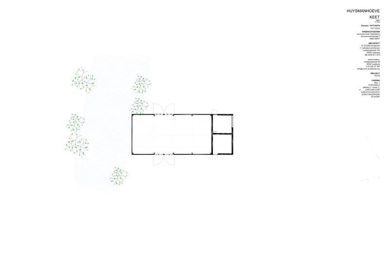 Basement floor plan drawing with surrounding tree plantings indicated in green