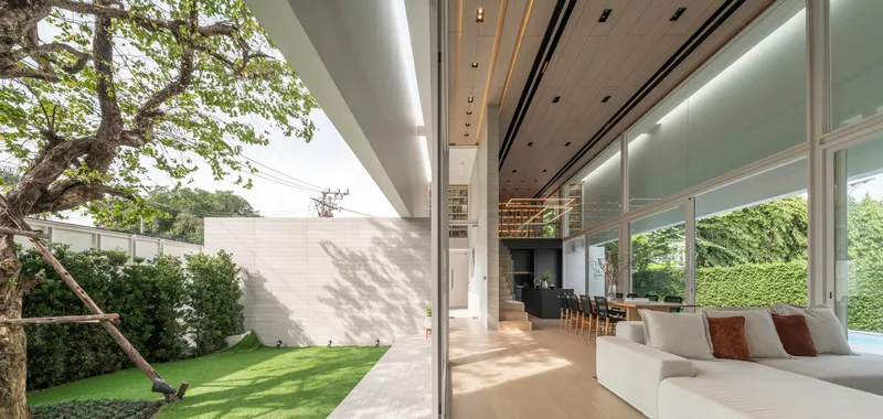 View through glass walls to the side courtyard with lawn and dappled tree shadows on white boundary wall