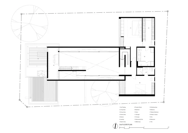Second floor plan drawing depicting bedroom wing and void over central living space below