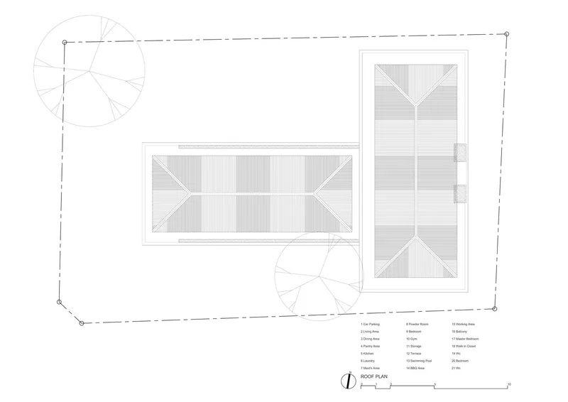 Roof plan drawing showing two rectangular volumes with diagonal hatching patterns and circular landscape elements