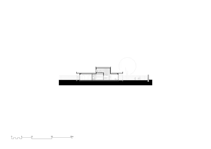 Transverse section drawing revealing a central clerestory volume flanked by lower wings on a dark plinth