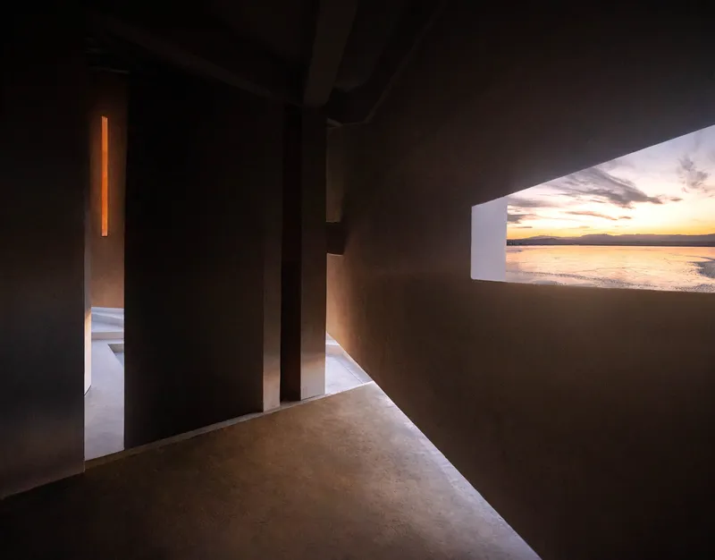 Interior passage with concrete walls framing a horizontal window opening toward the water at sunset