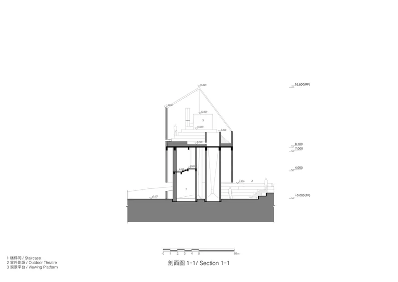 Section drawing showing the three-story gabled volume with central staircase and exterior viewing platform