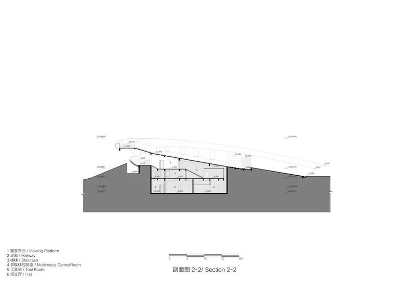 Section drawing showing the sloped roof over subdivided interior spaces carved into the hillside