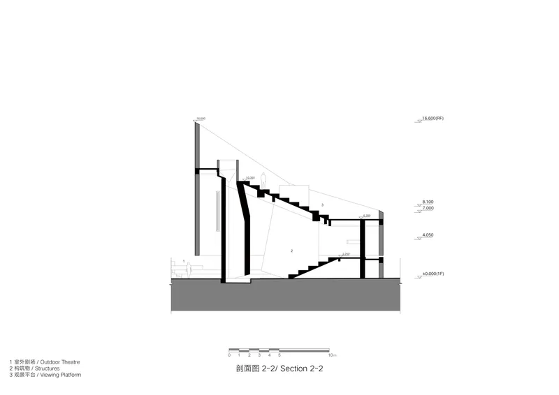 Section drawing showing the angled staircase descending beneath the tall sloped roof volume