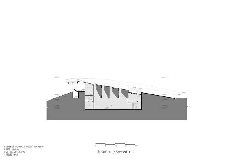 Section drawing showing angled structural elements beneath a sloping roof with gallery and VIP lounge spaces