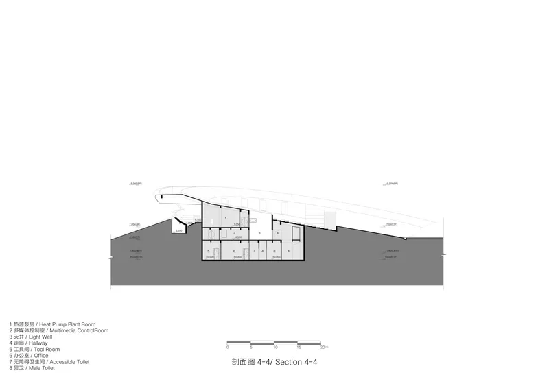 Section drawing revealing multilevel interior spaces under a curved roof with heat pump plant room