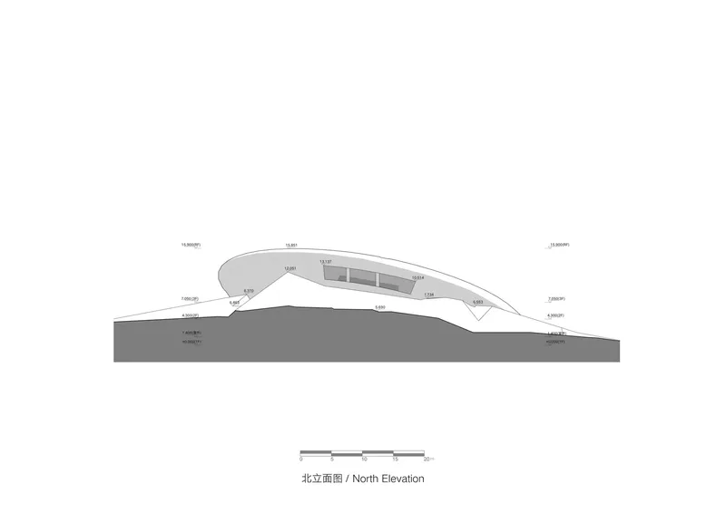 North elevation drawing showing the arched roof profile rising from a flat plane