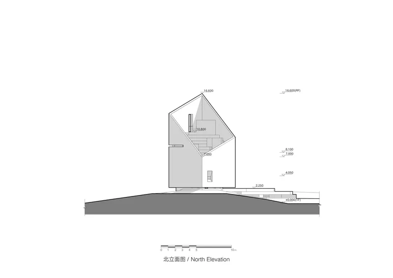 North elevation drawing of the angular gabled form with clerestory window and stepped base